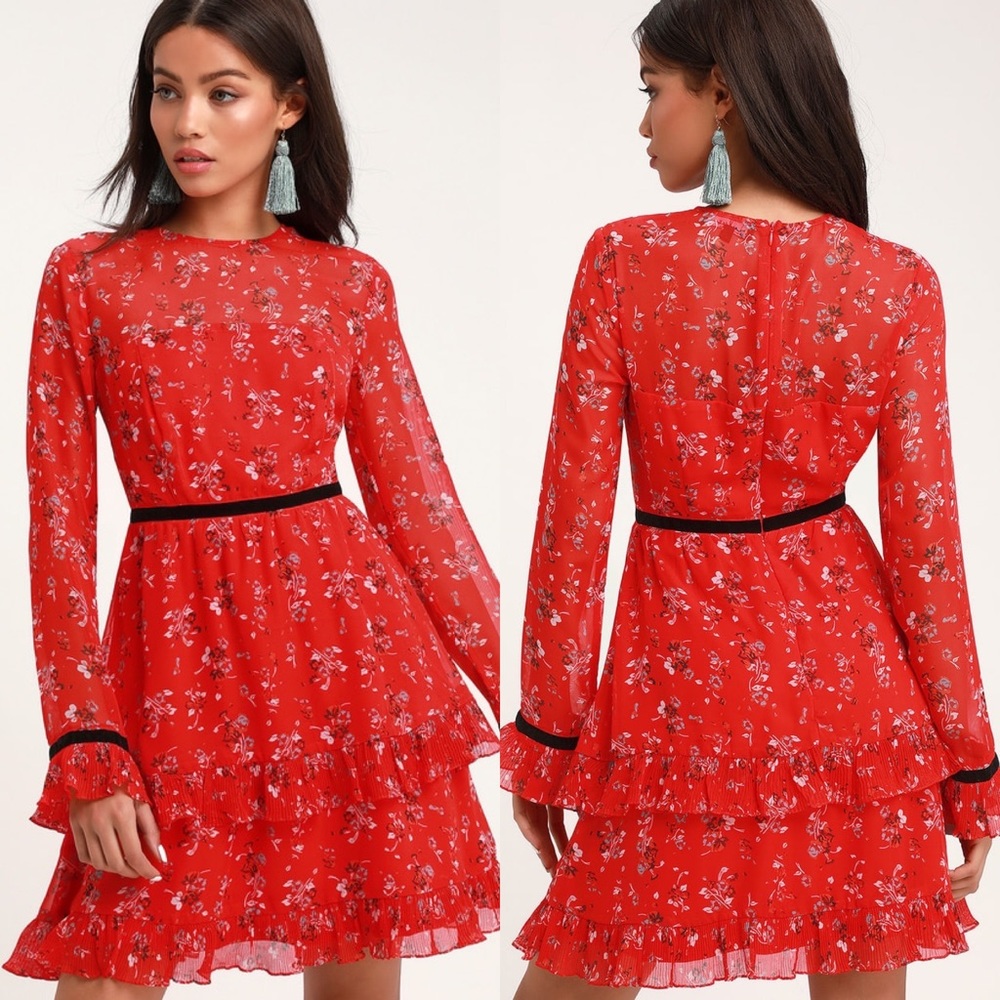 Lulu's Red Floral Long Sleeve Dress